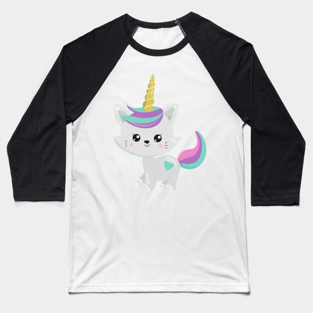 Unicorn Cat, Cute Cat, Gray Cat, Little Cat, Kitty Baseball T-Shirt by Jelena Dunčević